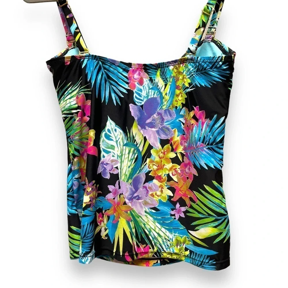 Island Escape Black Multi Color Tahiti Floral Bandini Tankini Top Size 8 - Picture 9 of 12
